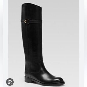 GUCCI Black Leather Knee High Boot with Slim Horsebit